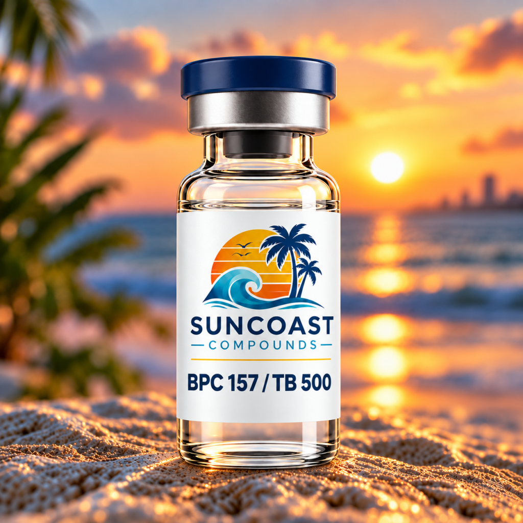 Suncoast Compounds BPC-157 / TB-500 product vial at sunset