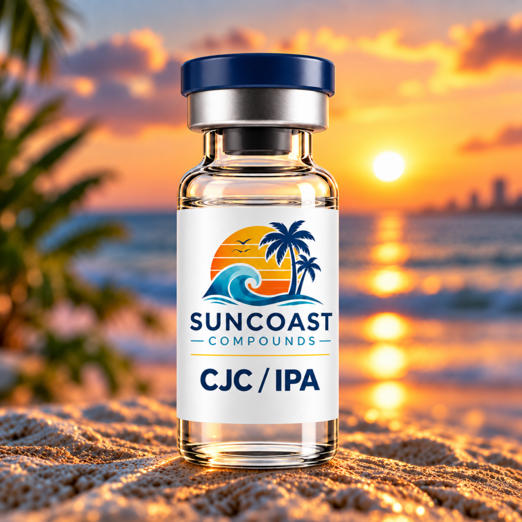 Suncoast Compounds CJC / IPA (No DAC) product vial at sunset