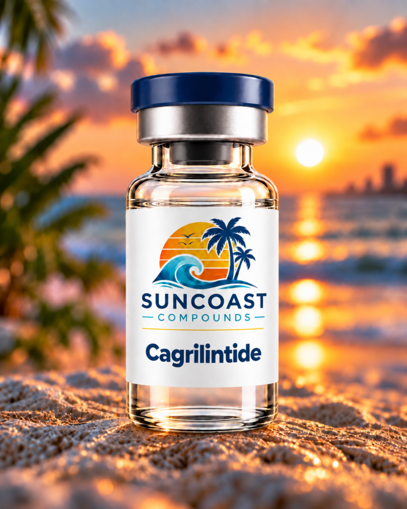 Suncoast Compounds Cagrilintide product vial at sunset