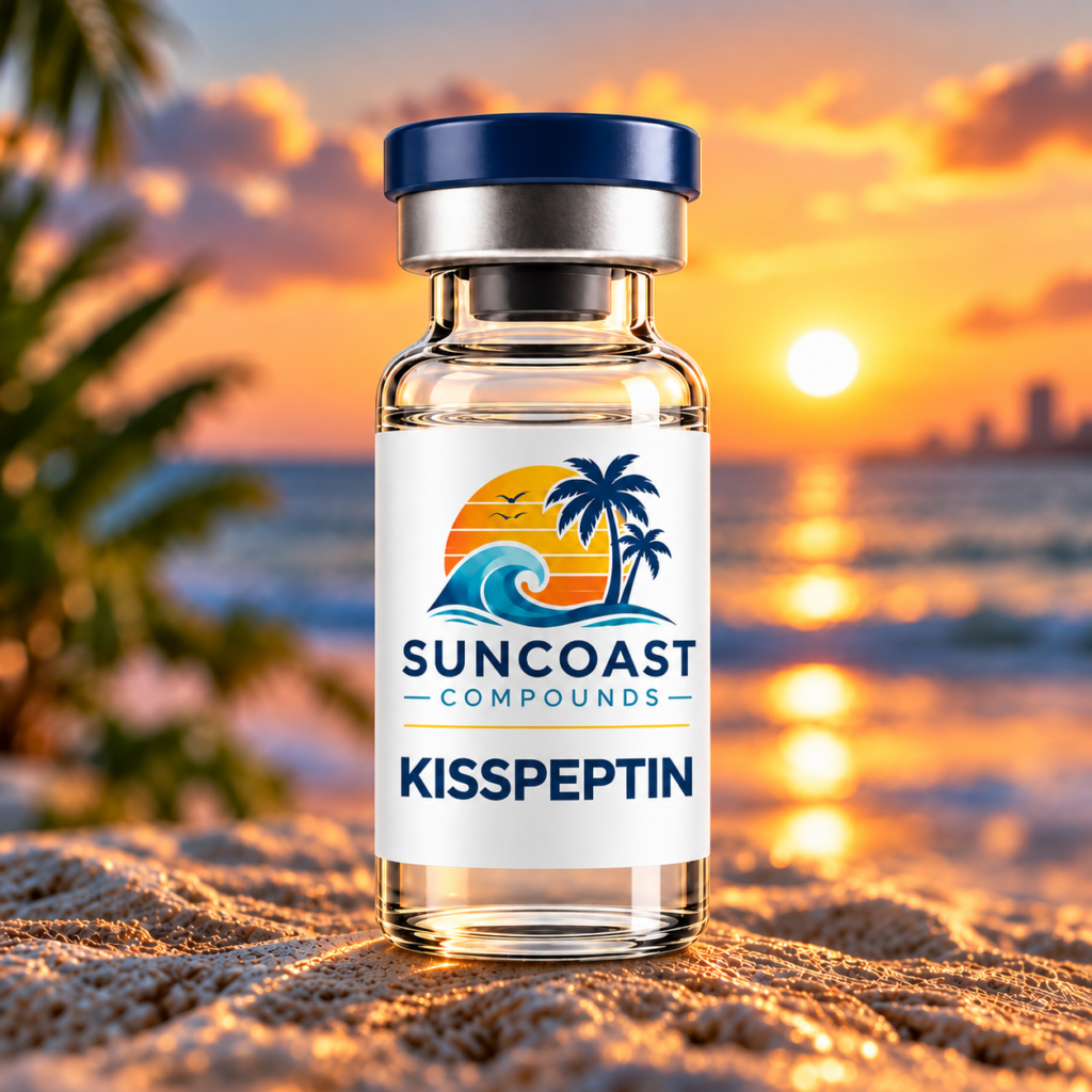 Suncoast Compounds Kisspeptin product vial at sunset