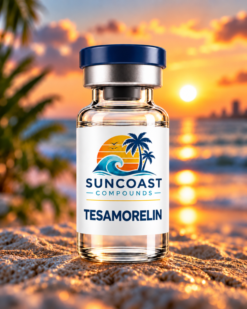 Suncoast Compounds Tesamorelin product vial at sunset
